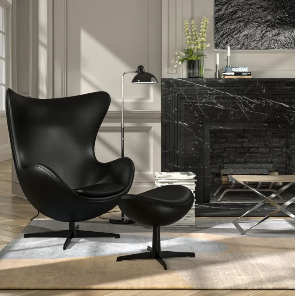 Fritz Hansen Stole|Stue>3316 Ægget Sort Essential Læder